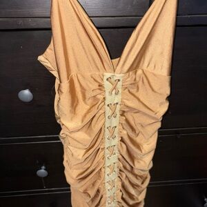 Elegant Tan Ruched Dress